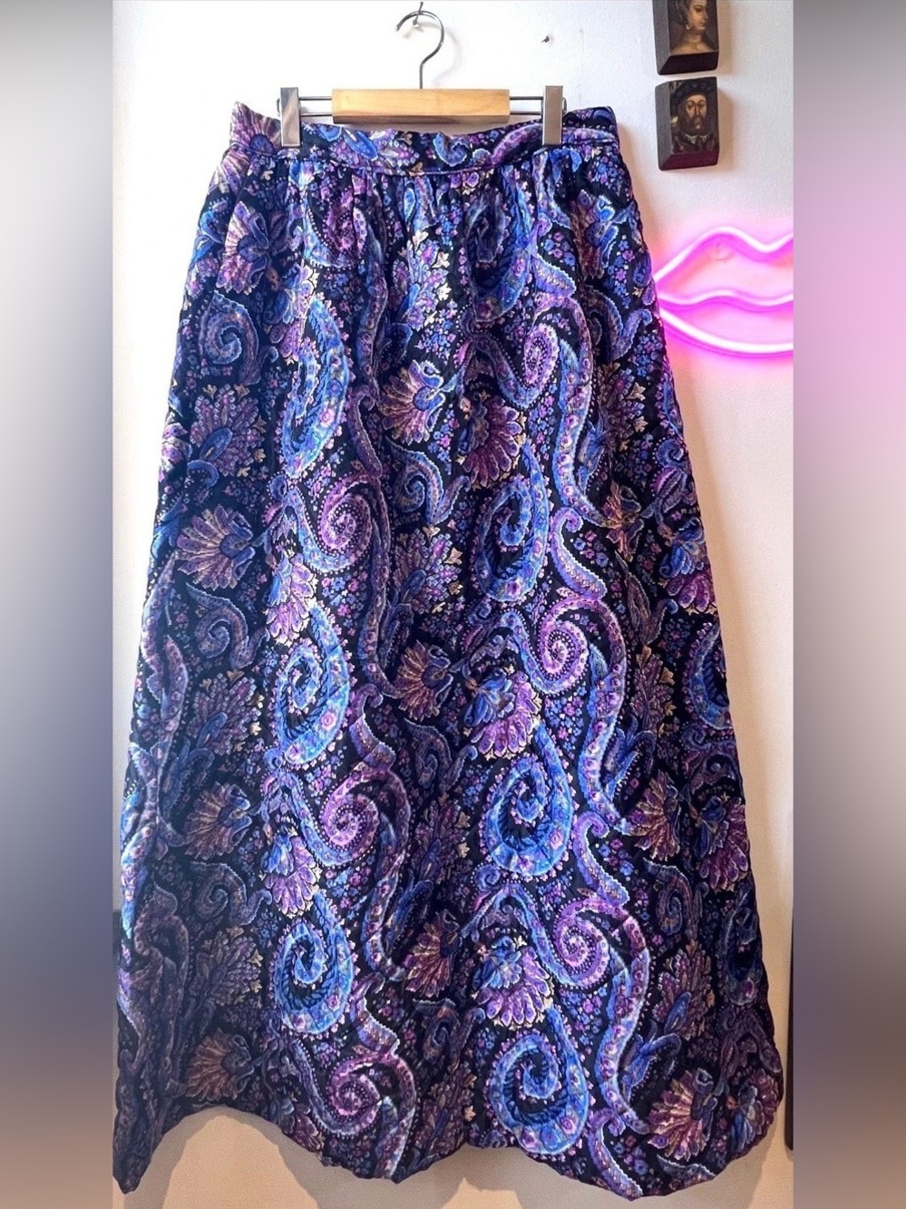 70s Vintage Quilted Paisley A-line Maxi Skirt in Blue & Purple